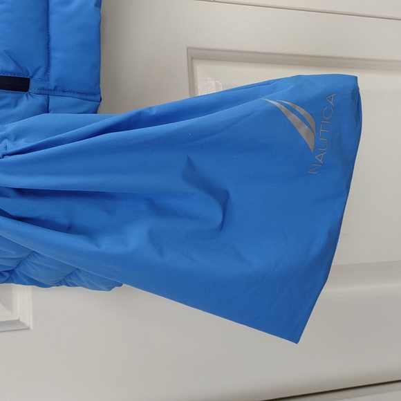 Womens Nautica Blue Stretch Packable Puffer Coat Detachable Hood Water - Picture 3 of 16